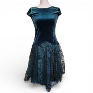 Vintage 90s Forest Green Crushed Velvet Floral A Line Midi Dress